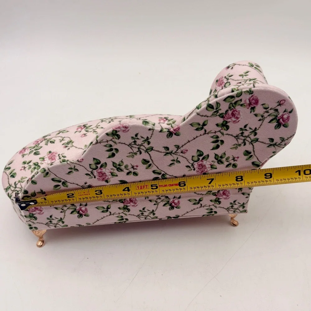 Pink Floral Rose Chaise Lounge Jewelry Box Miniature Sofa Mirror Ring Storage
